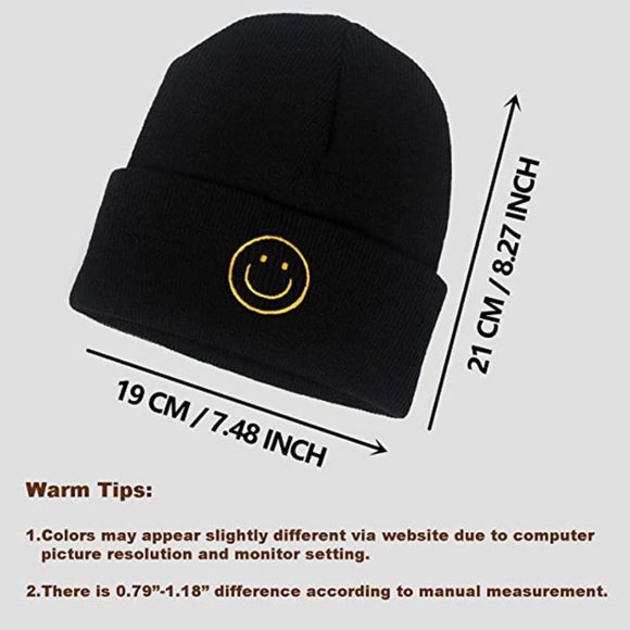 NEW Smile Smiley Happy Face Emoji Embroidered Cozy Soft Warm Rib Knit Beanie Hat - Picture 13 of 14